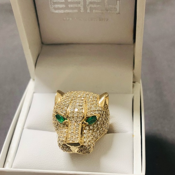 Effy 14K Gold Diamond Emerald Panther Head Ring - Picture 2 of 6